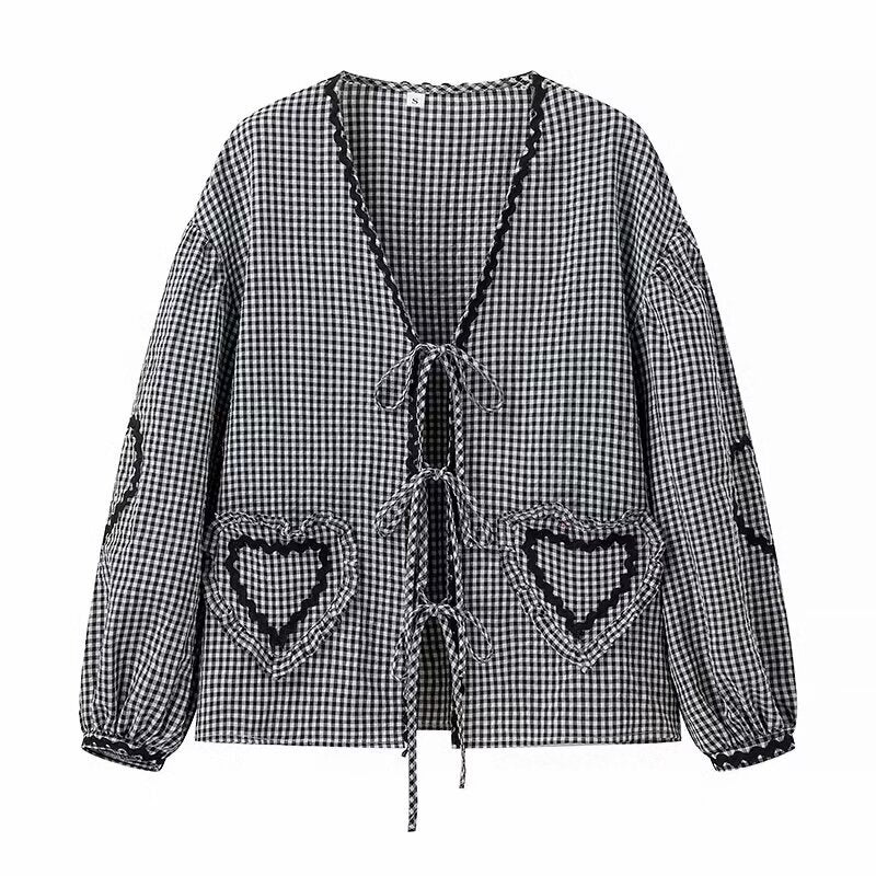 Plaid Lace-Up Heart Pocket Cardigan – same ANTHEM Streetwear - gray / S