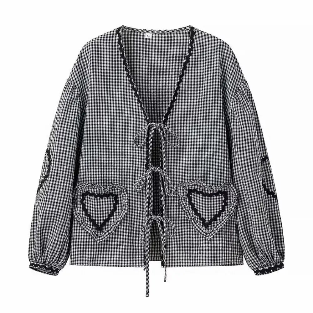 Plaid Lace-Up Heart Pocket Cardigan – same ANTHEM Streetwear - gray / S