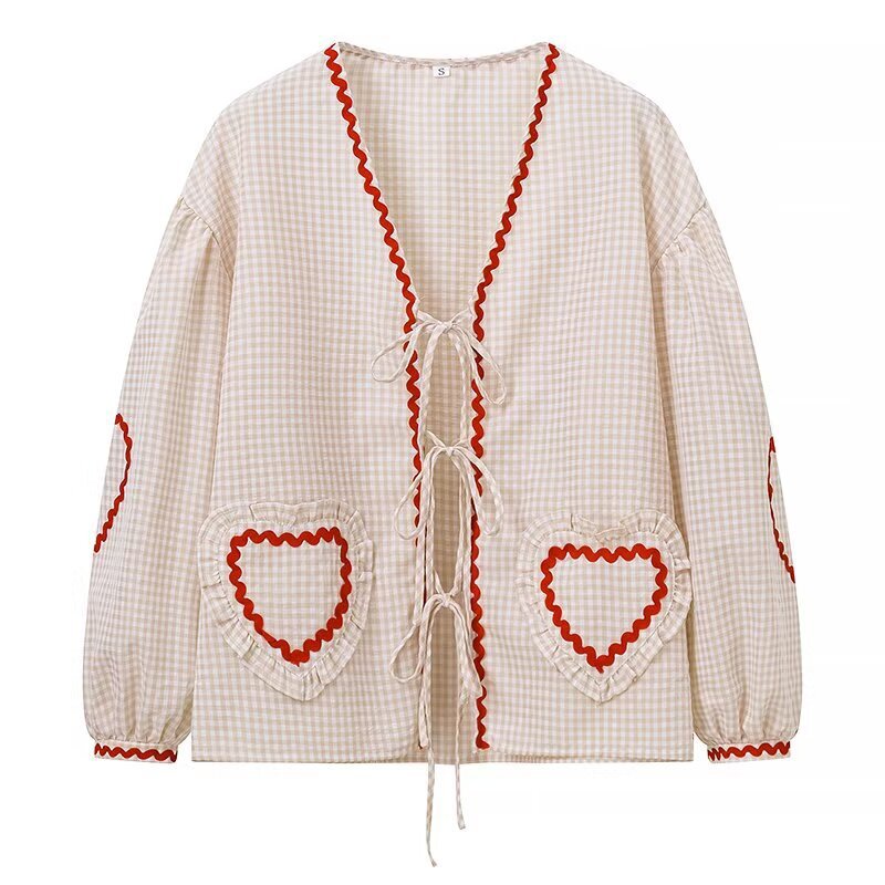 Plaid Lace-Up Heart Pocket Cardigan – same ANTHEM Streetwear - milky white / S