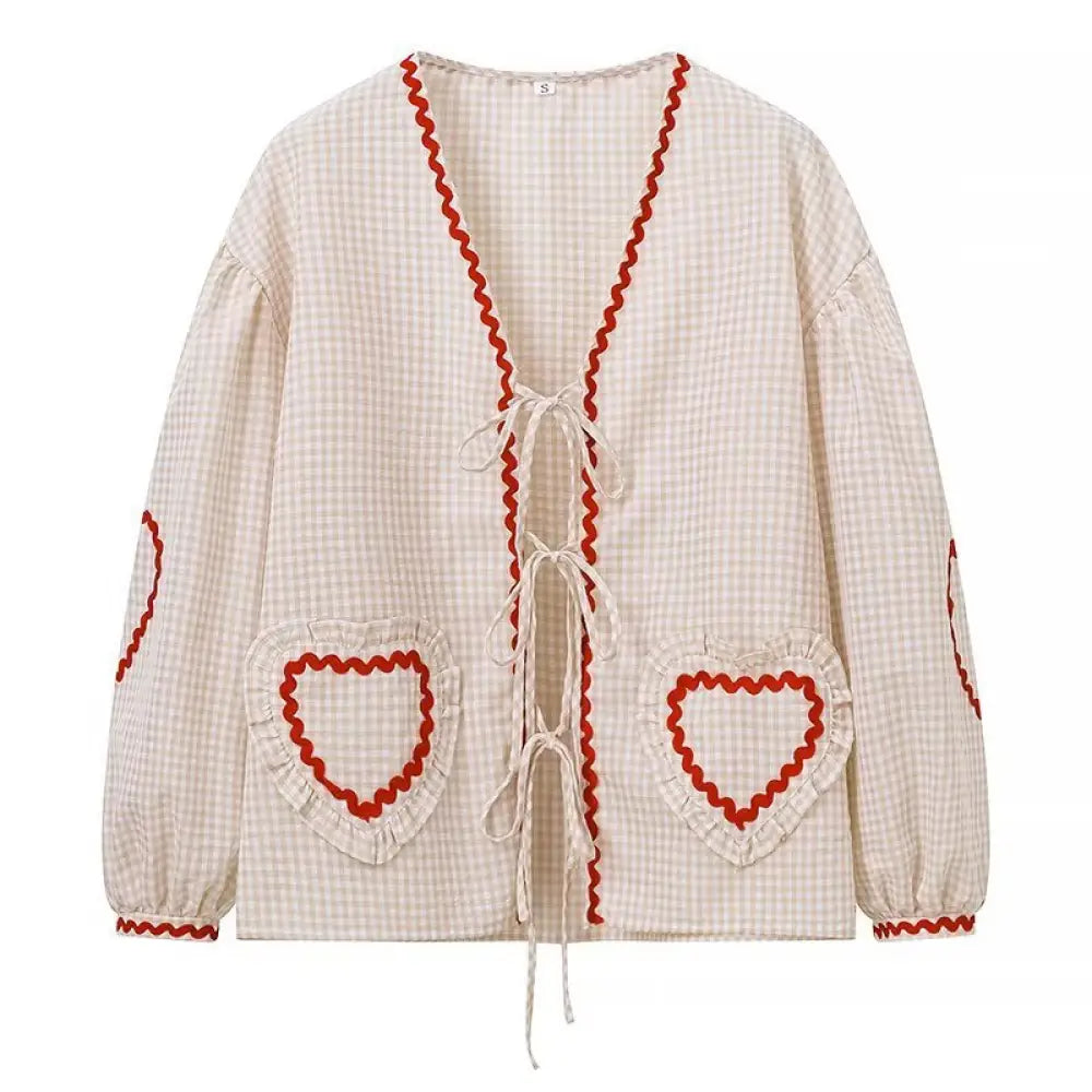 Plaid Lace-Up Heart Pocket Cardigan – same ANTHEM Streetwear - milky white / S