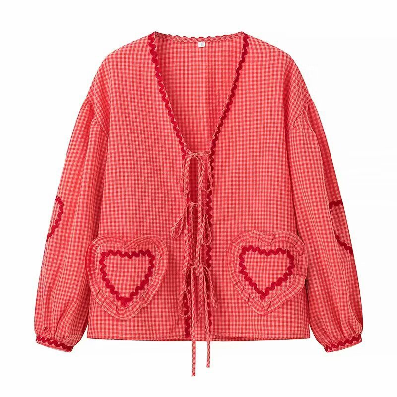 Plaid Lace-Up Heart Pocket Cardigan – same ANTHEM Streetwear - red / S