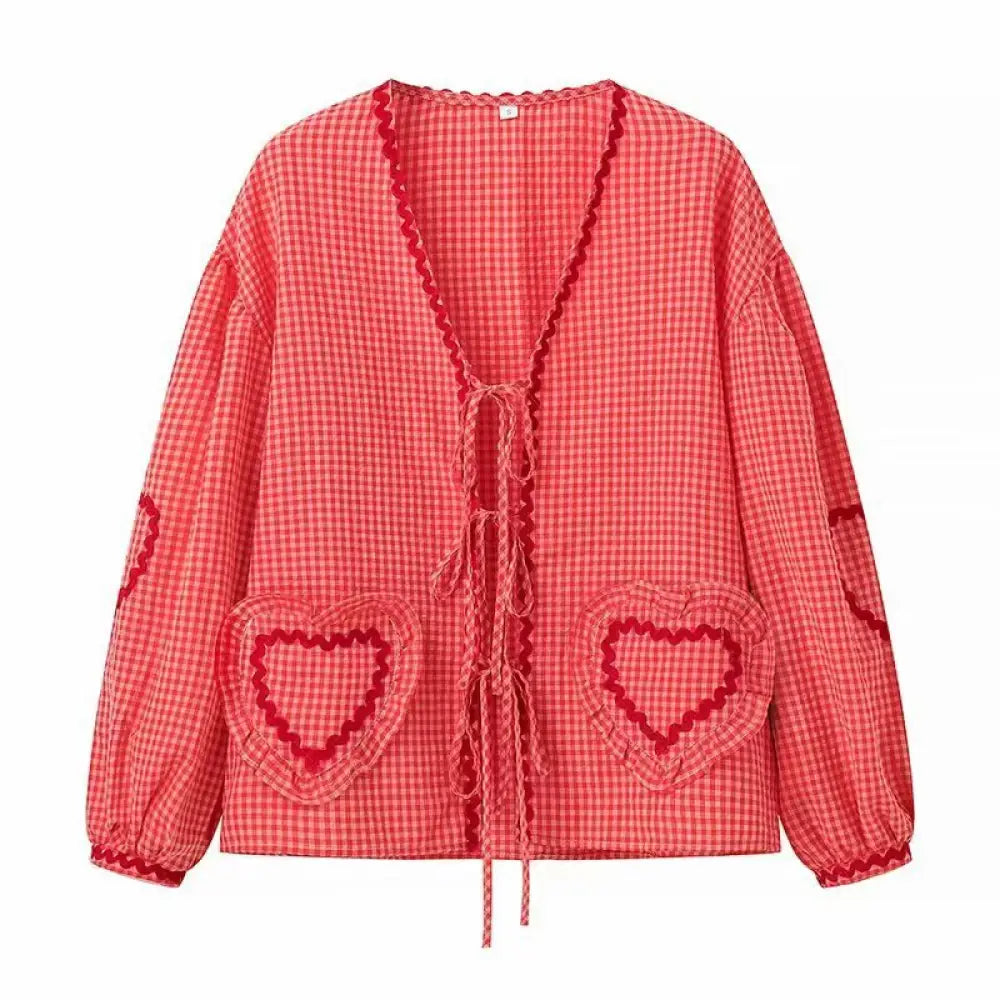 Plaid Lace-Up Heart Pocket Cardigan – same ANTHEM Streetwear - red / S