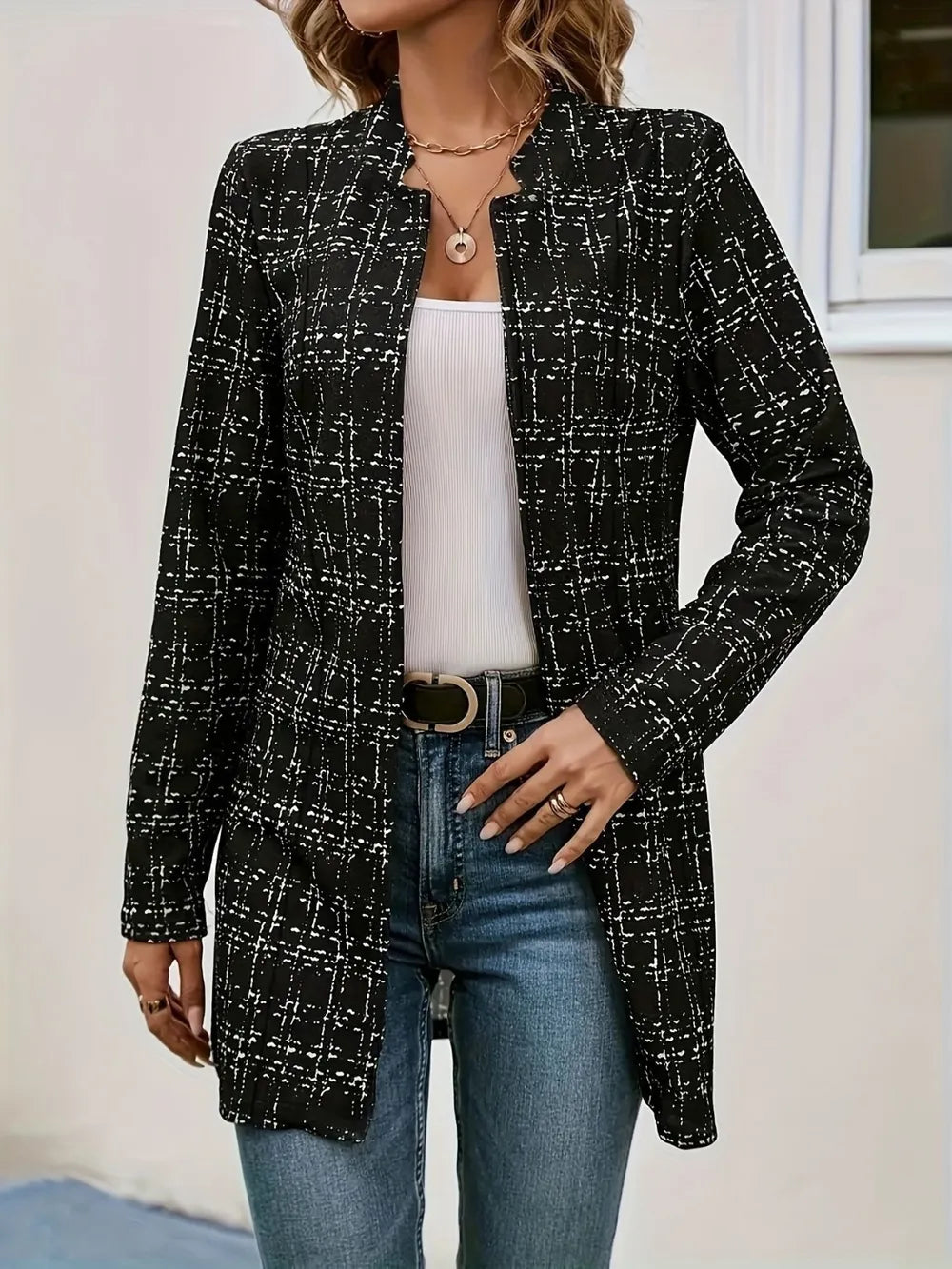 Plaid Open Front Long Sleeve Blazer | same ANTHEM. Soulmate Streetwear - Black / S