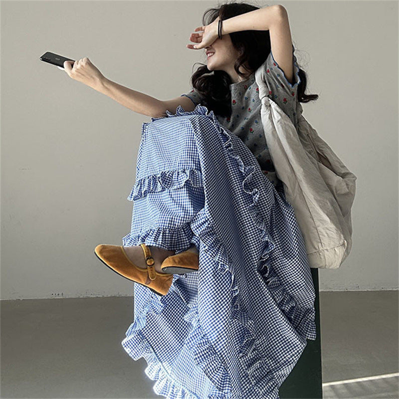 Plaid Ruffled Tiered Skirt Dress | Lover’s Skirt for Friends & Soulmates | same ANTHEM - Blue / Free Size