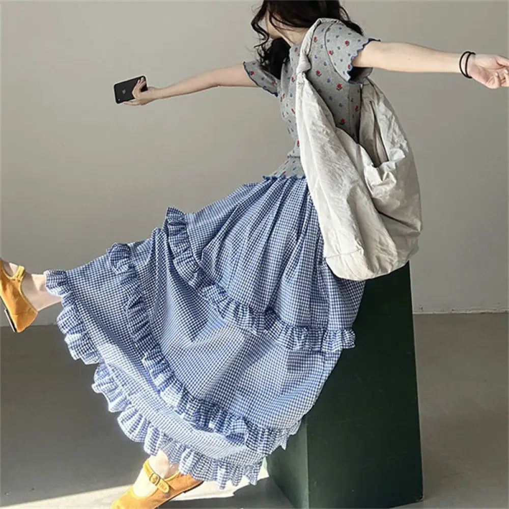 Plaid Ruffled Tiered Skirt Dress | Lover’s Skirt for Friends & Soulmates | same ANTHEM - Blue / Free Size