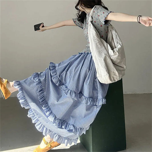 Plaid Ruffled Tiered Skirt Dress | Lover’s Skirt for Friends & Soulmates | same ANTHEM - Blue / Free Size