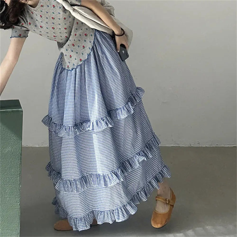 Plaid Ruffled Tiered Skirt Dress | Lover’s Skirt for Friends & Soulmates | same ANTHEM - Blue / Free Size