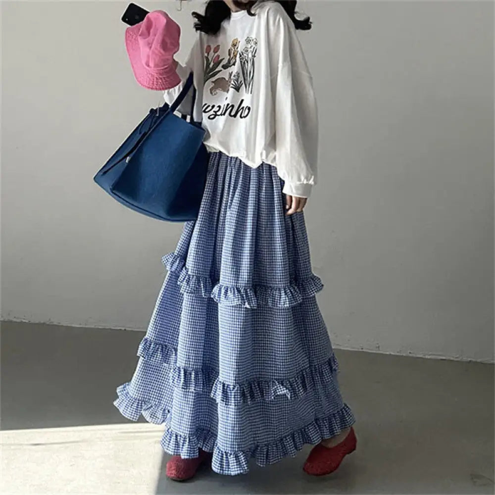 Plaid Ruffled Tiered Skirt Dress | Lover’s Skirt for Friends & Soulmates | same ANTHEM - Blue / Free Size