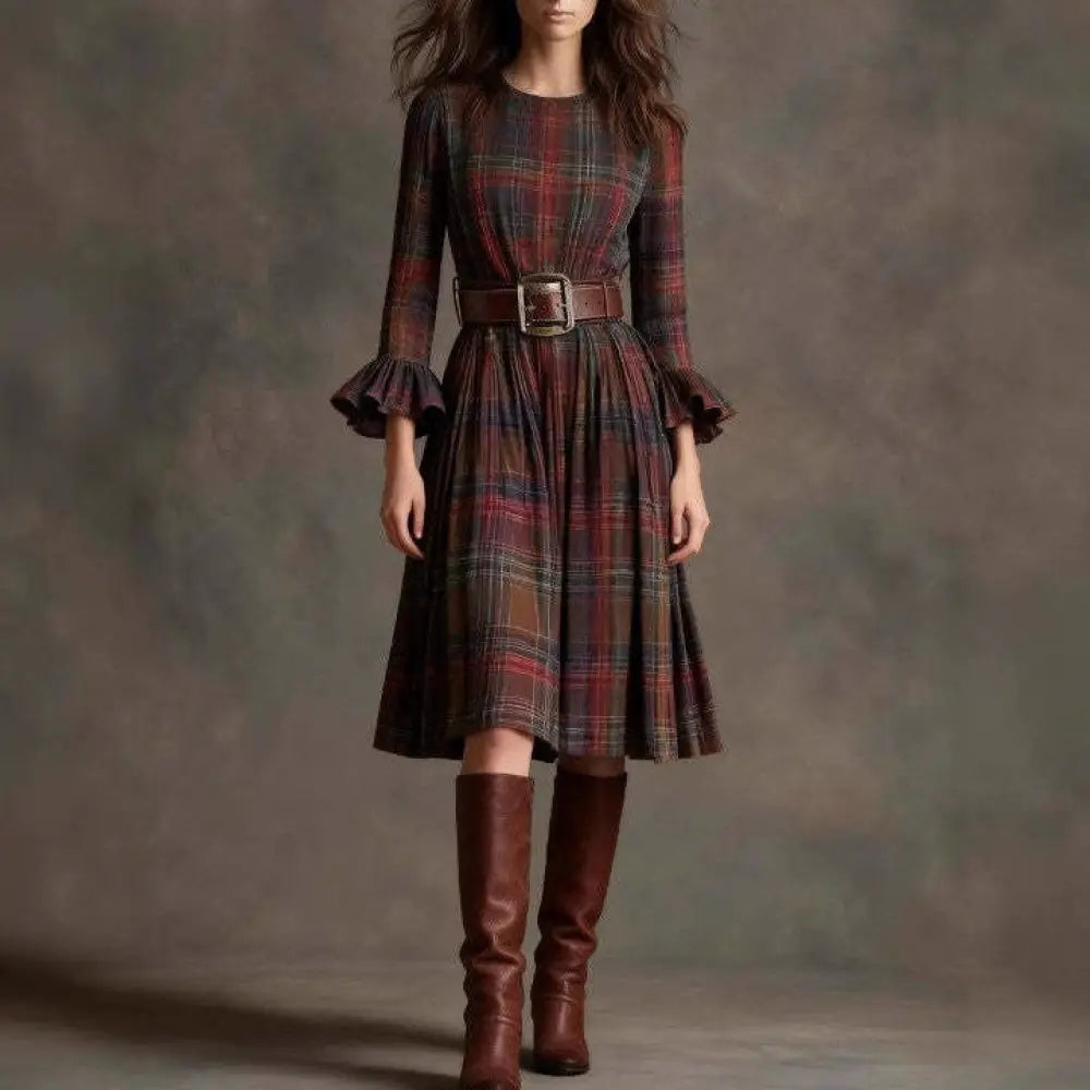Retro Plaid Slimming Dress With Flared Sleeves For Women - Dress