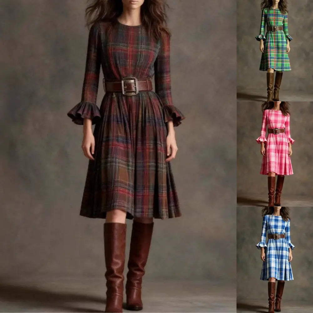 Retro Plaid Slimming Dress With Flared Sleeves For Women - Dress