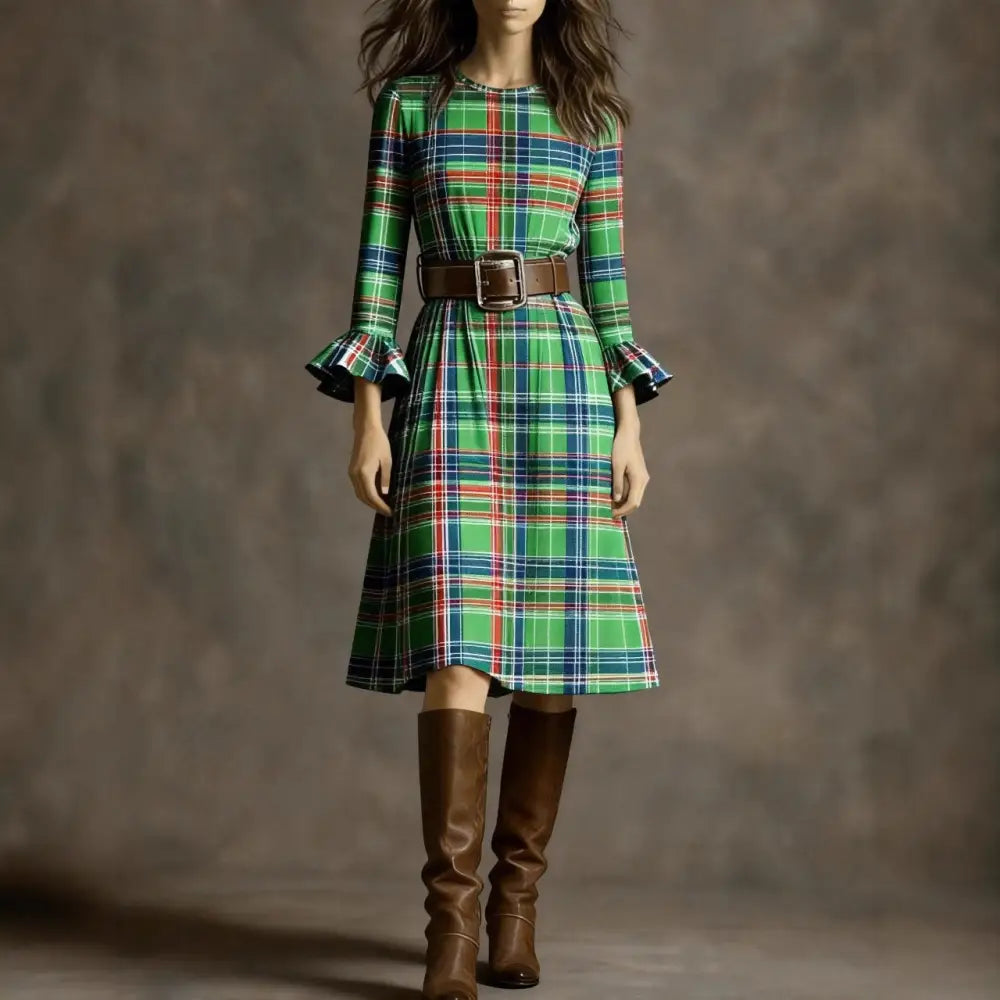 Retro Plaid Slimming Dress With Flared Sleeves For Women - Dress