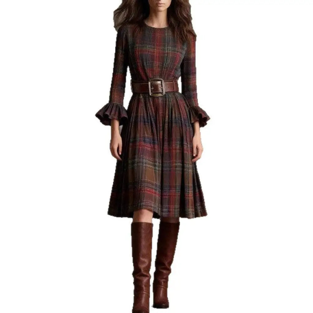 Retro Plaid Slimming Dress With Flared Sleeves For Women - Dress