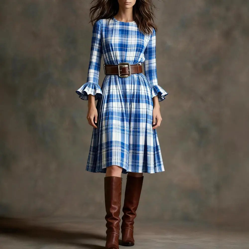 Retro Plaid Slimming Dress With Flared Sleeves For Women - Dress