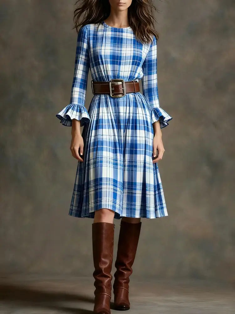 Retro Plaid Slimming Dress With Flared Sleeves For Women - Blue / L - Dress