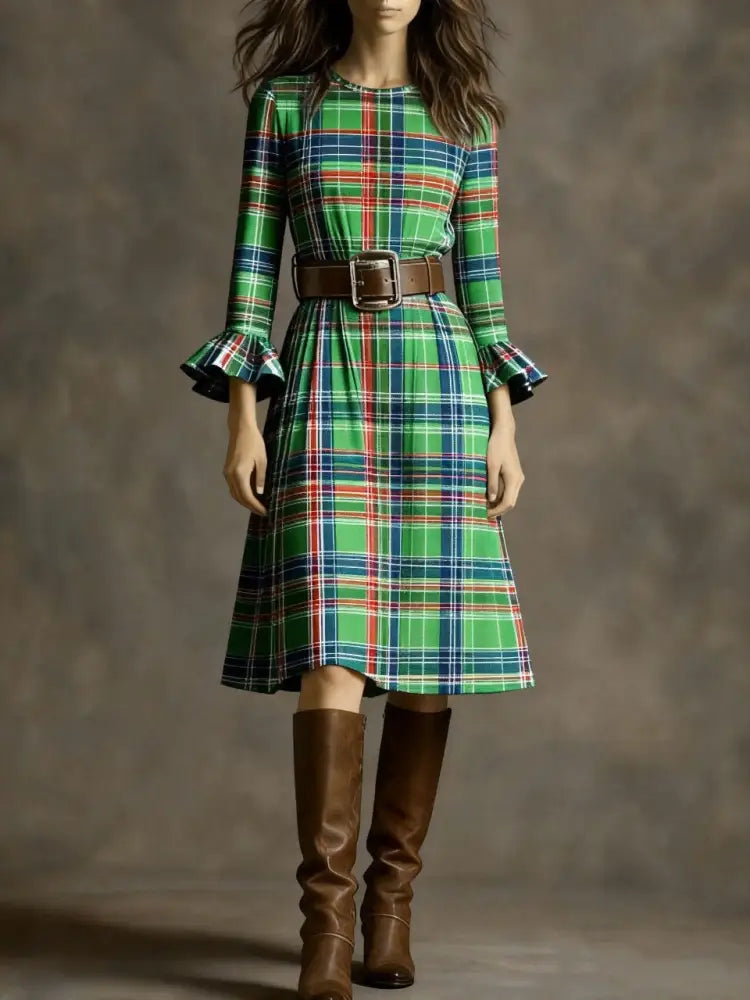 Retro Plaid Slimming Dress With Flared Sleeves For Women - Green / L - Dress