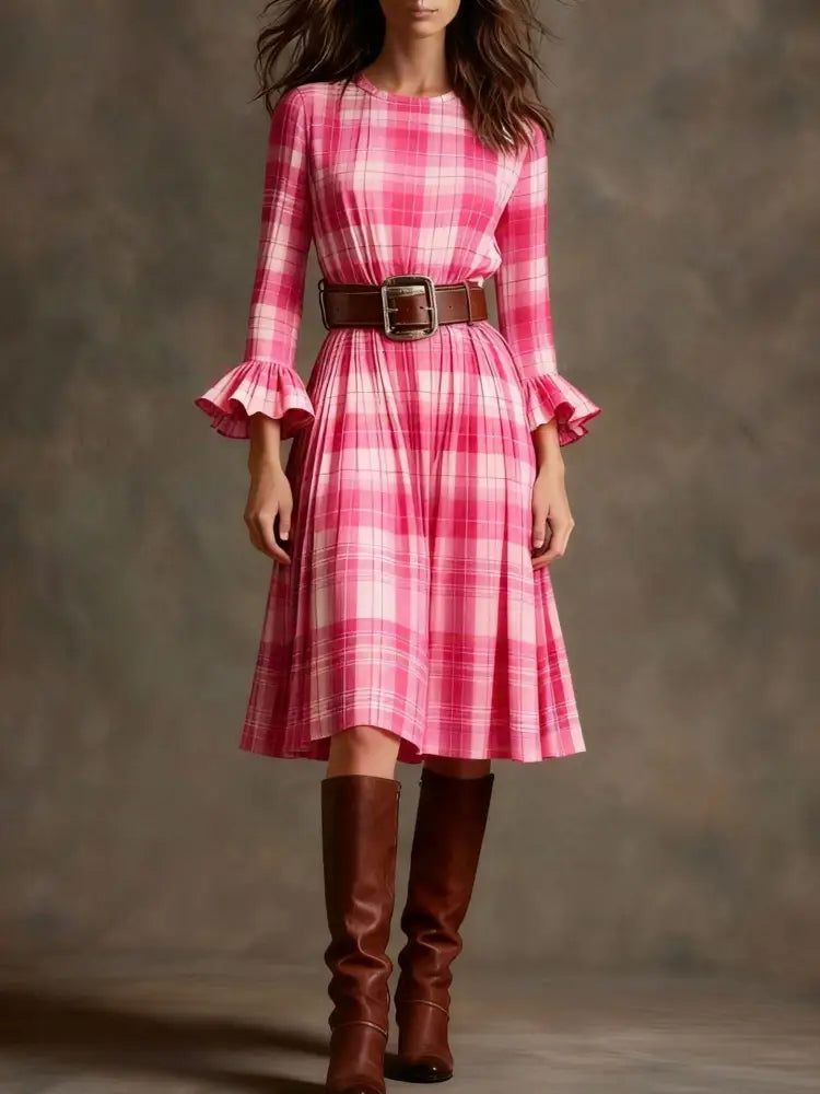 Retro Plaid Slimming Dress With Flared Sleeves For Women - Pink / L - Dress