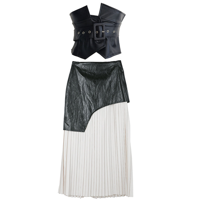 Pleated skirt half length skirt - Black and white / L - Bag