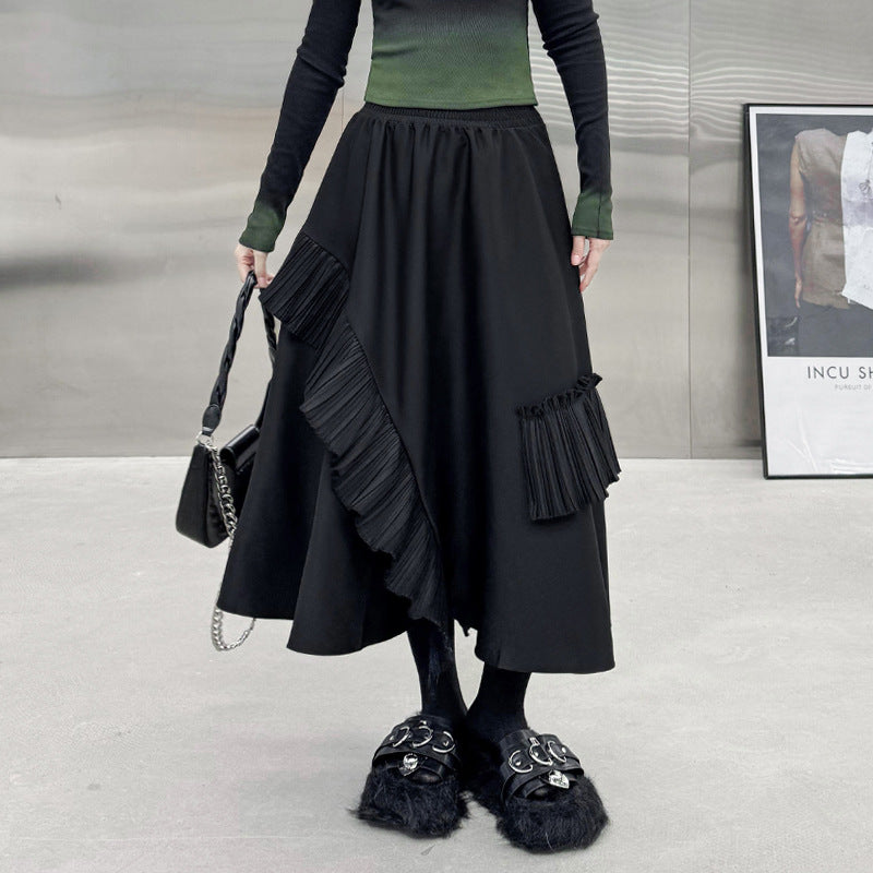 Pleated Midi Skirt Women | Loose & Slimming Japanese Style | same ANTHEM - Black / One size