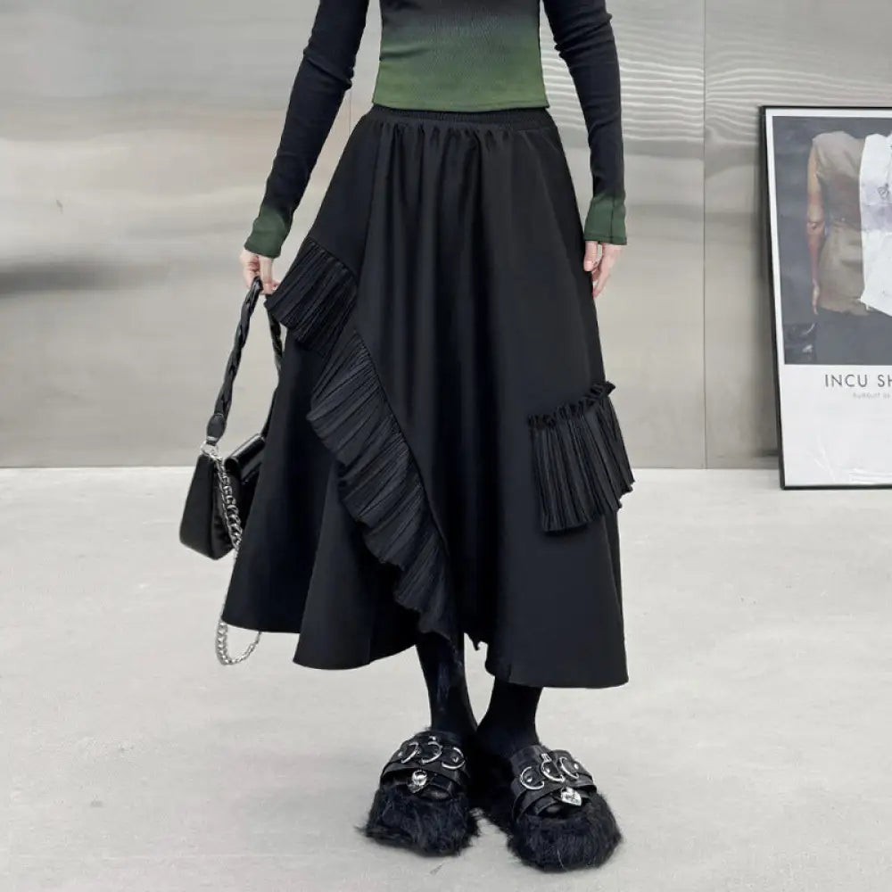 Pleated Midi Skirt Women | Loose & Slimming Japanese Style | same ANTHEM - Black / One size