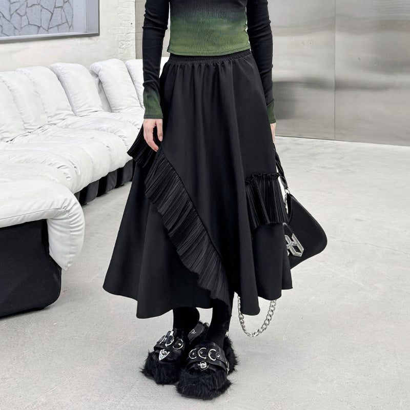 Pleated Midi Skirt Women | Loose & Slimming Japanese Style | same ANTHEM - Black / One size