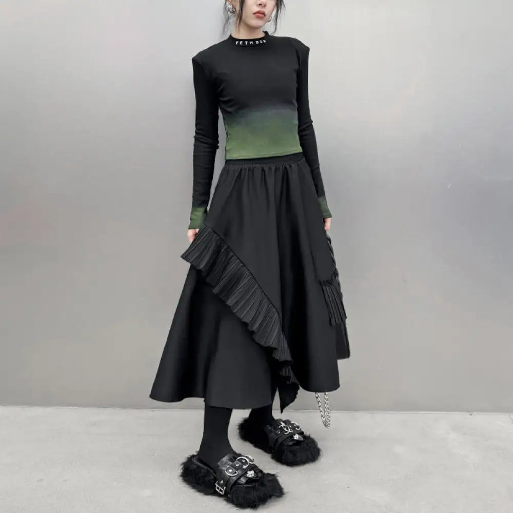 Pleated Midi Skirt Women | Loose & Slimming Japanese Style | same ANTHEM - Black / One size