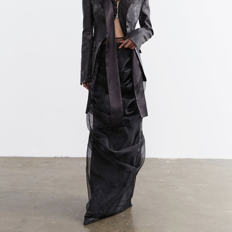 Elegant Retro Dark Style Two-piece Skirt With Pleated Yarn - Bag