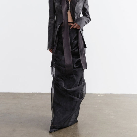 Elegant Retro Dark Style Two-piece Skirt With Pleated Yarn - Bag