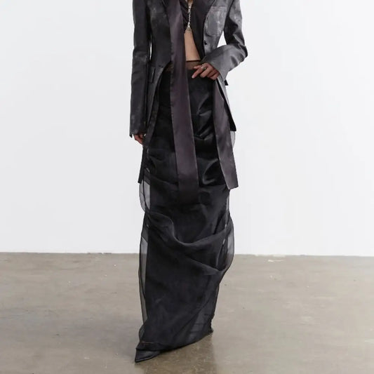 Elegant Retro Dark Style Two-piece Skirt With Pleated Yarn - Bag