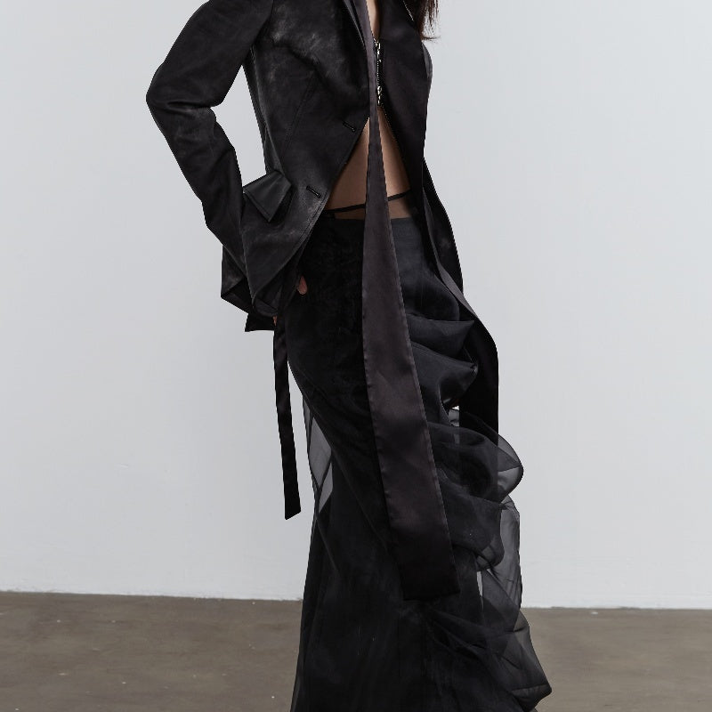 Elegant Retro Dark Style Two-piece Skirt With Pleated Yarn - Bag