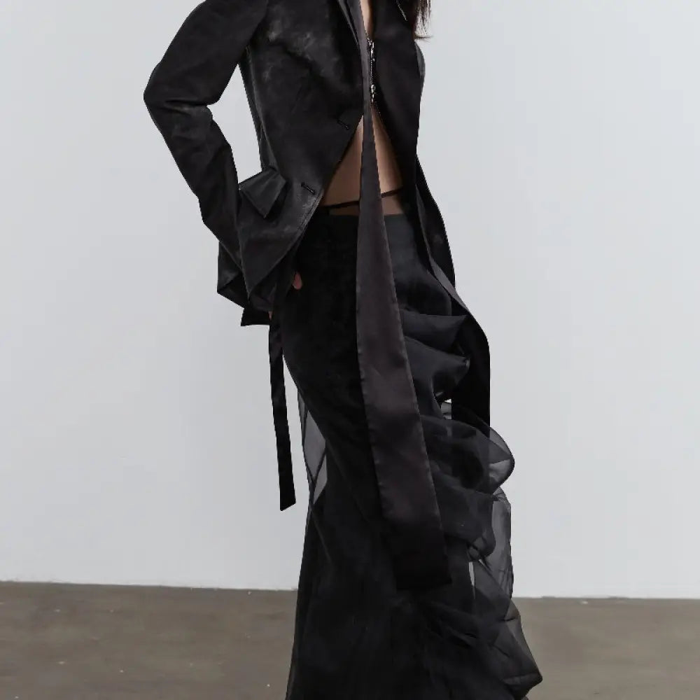 Elegant Retro Dark Style Two-piece Skirt With Pleated Yarn - Bag