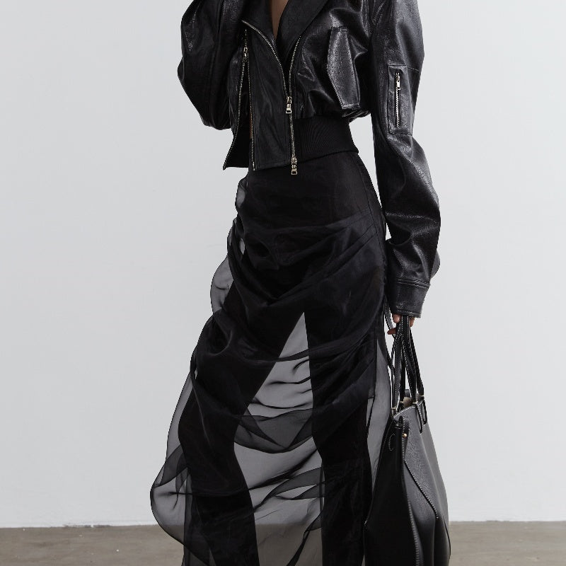 Elegant Retro Dark Style Two-piece Skirt With Pleated Yarn - Bag