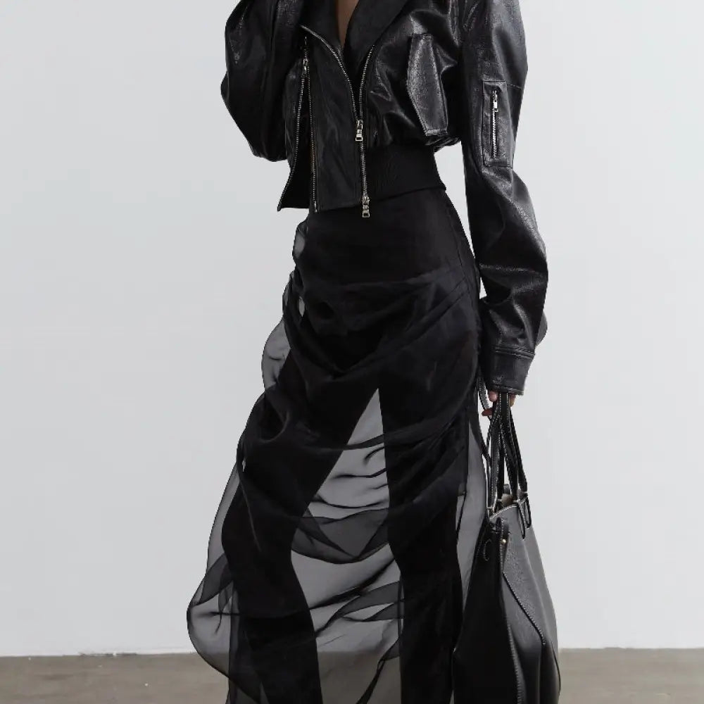 Elegant Retro Dark Style Two-piece Skirt With Pleated Yarn - Bag