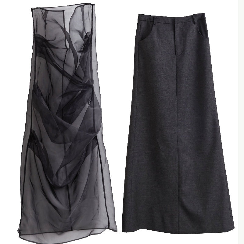 Elegant Retro Dark Style Two-piece Skirt With Pleated Yarn - Black / L - Bag