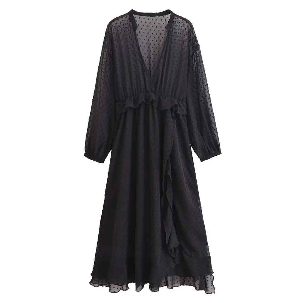Polka Dot Deep V-Neck Chiffon Dress – Romantic Streetwear Style | same ANTHEM - black / S