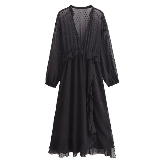 Polka Dot Deep V-Neck Chiffon Dress – Romantic Streetwear Style | same ANTHEM