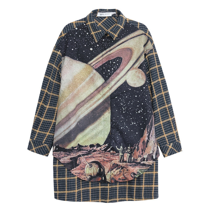 Printed Lapel Designer Shirt – Mid-Length Soulmate Streetwear | same ANTHEM - Yellow blue grid / L