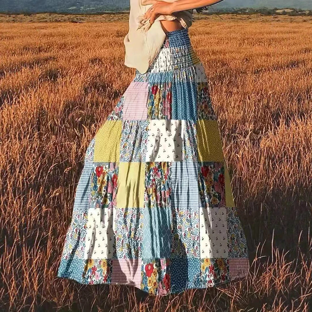 Printed Stitching Women’s Popular Floral Skirt Long Skirt - Bag