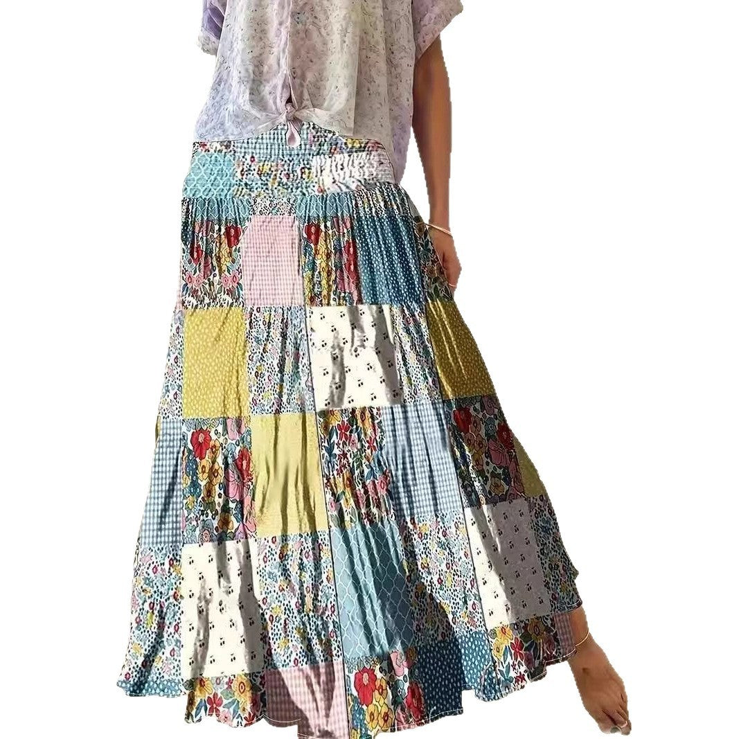Printed Stitching Women’s Popular Floral Skirt Long Skirt - Bag