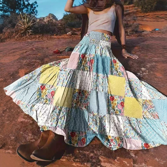 Printed Stitching Women’s Popular Floral Skirt Long Skirt - Bag