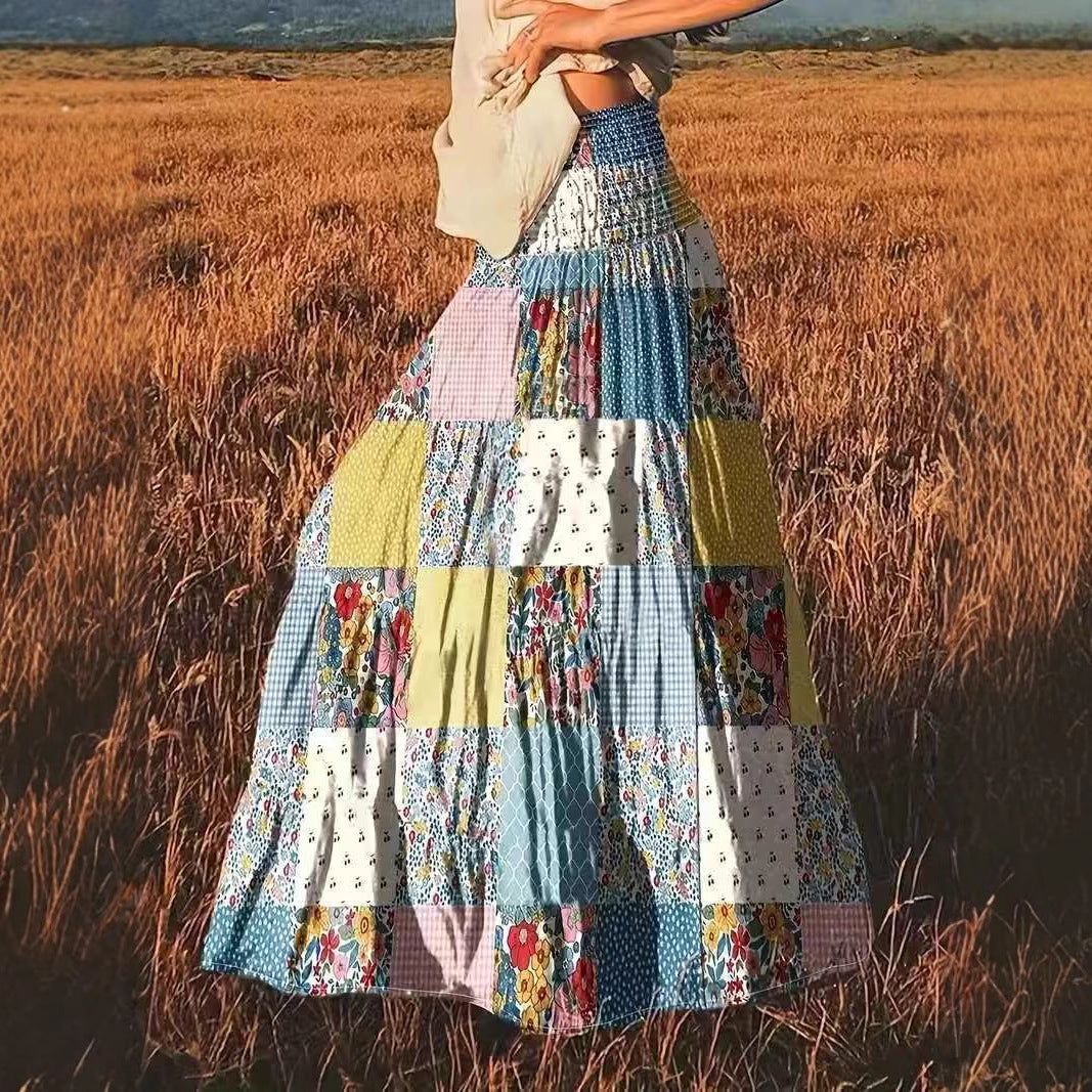 Printed Stitching Women’s Popular Floral Skirt Long Skirt - Bag