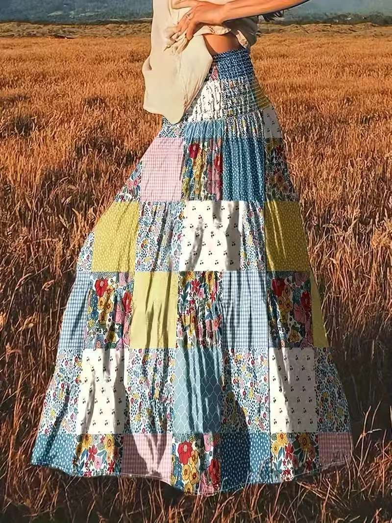 Printed Stitching Women’s Popular Floral Skirt Long Skirt - Color / L - Bag