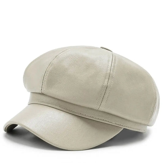 PU Leather Octagonal Painter Hat – Vintage Unisex Art Style | same ANTHEM. - Rice white / Adjustable