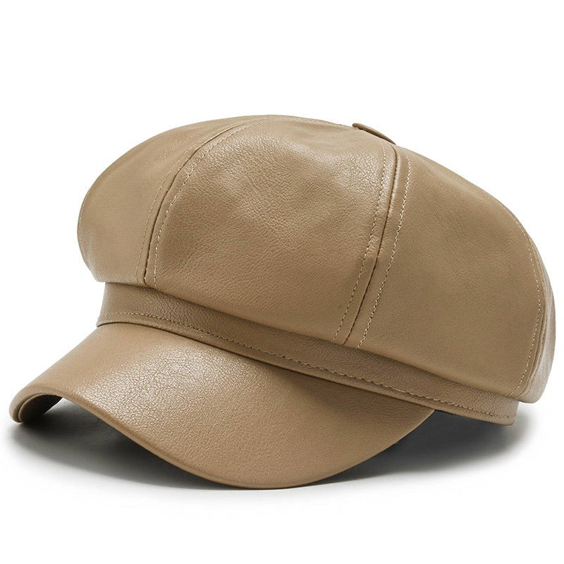 PU Leather Octagonal Painter Hat – Vintage Unisex Art Style | same ANTHEM. - Khaki / Adjustable