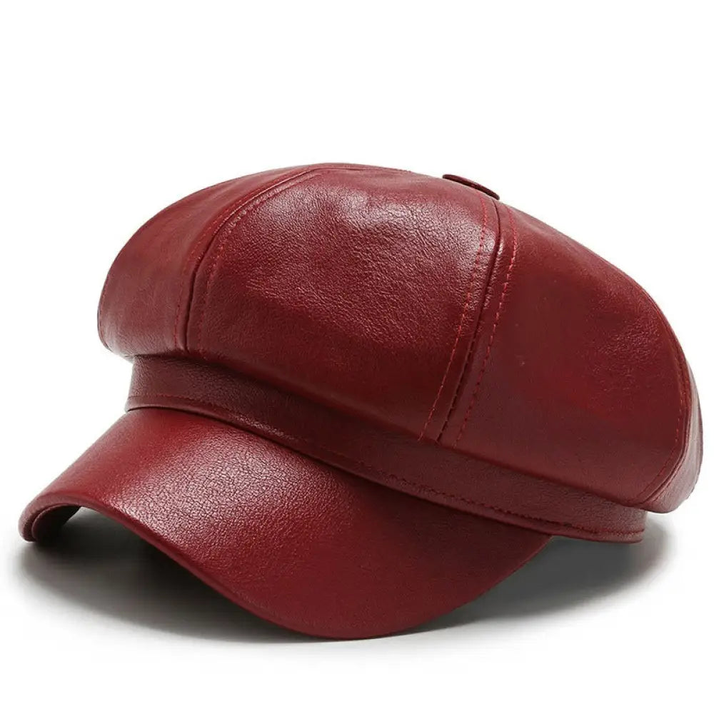 PU Leather Octagonal Painter Hat – Vintage Unisex Art Style | same ANTHEM. - red / Adjustable