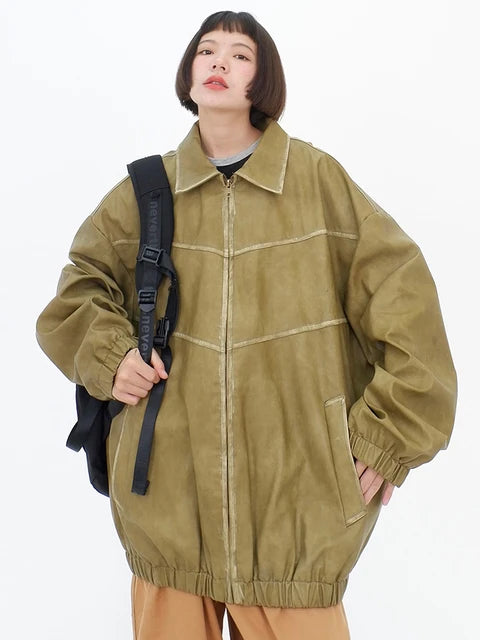 PU Leather Spliced Jacket – same ANTHEM | Soulmate Streetwear - Green / M