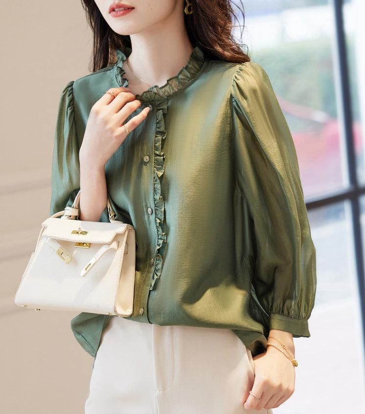Puff Sleeve Nine-Quarter Top – Romantic Classic | same ANTHEM - Gray Green / 2XL - Top