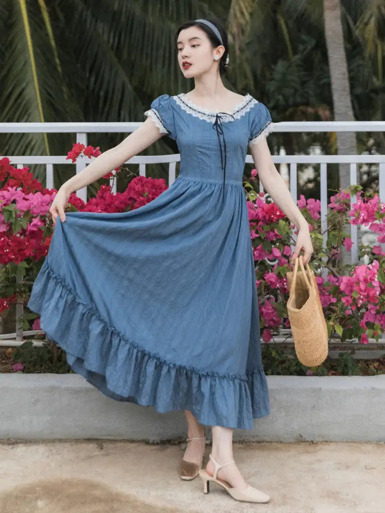 Retro French Romantic Dress | same ANTHEM - Blue / L