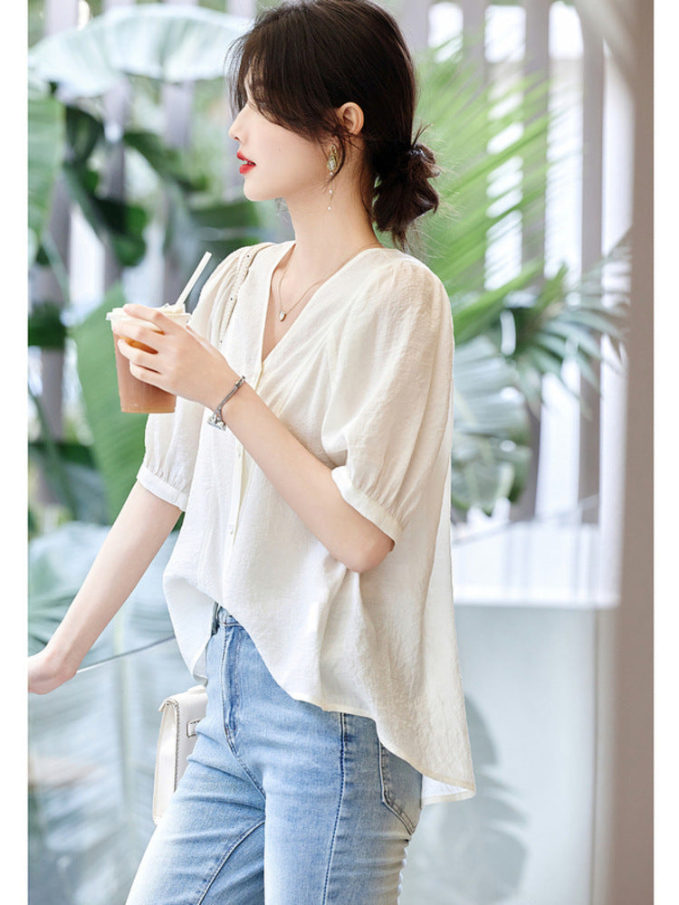 Retro French V-Neck Shirt – Romantic Style | same ANTHEM