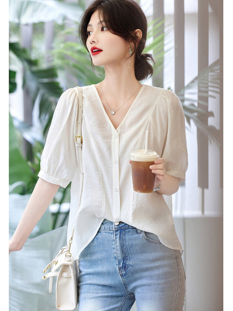 Retro French V-Neck Shirt – Romantic Style | same ANTHEM