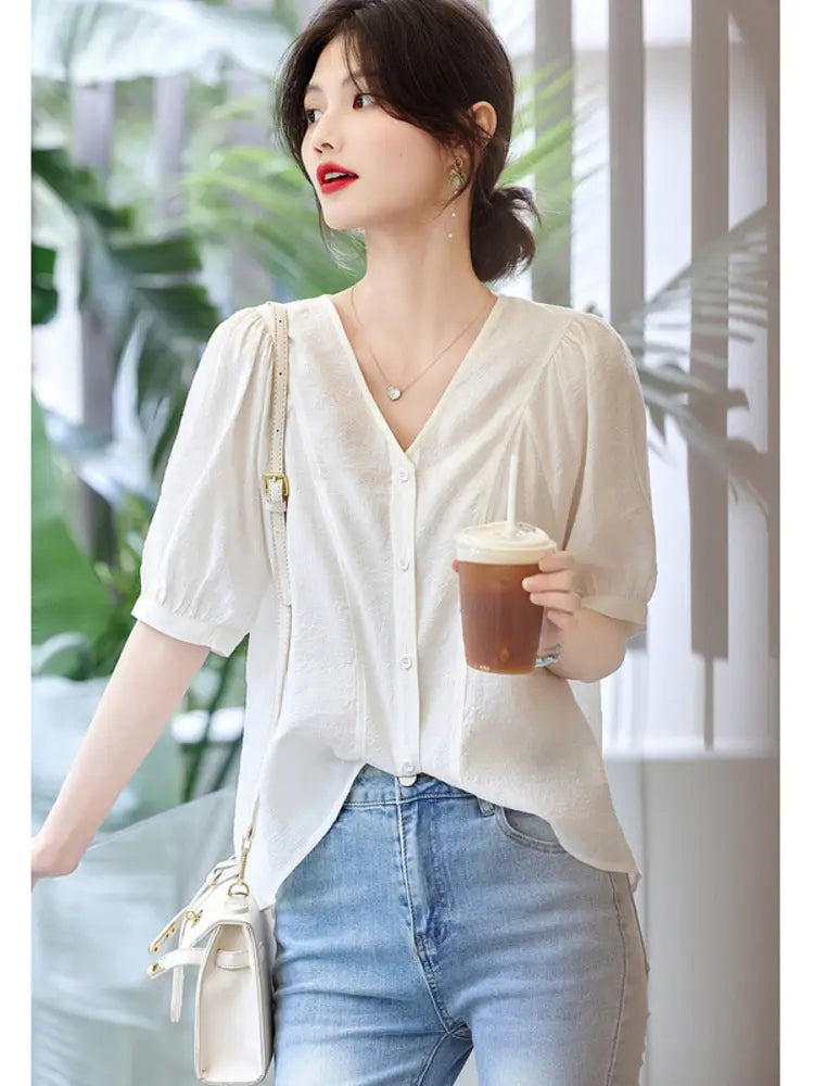 Retro French V-Neck Shirt – Romantic Style | same ANTHEM